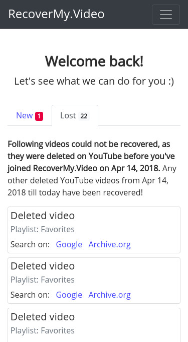 Initially deleted YouTube videos